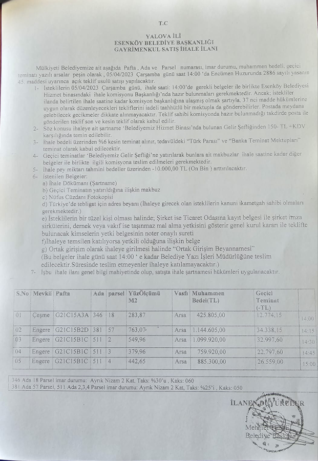 GAYRİMENKUL SATIŞ İHALE İLANI