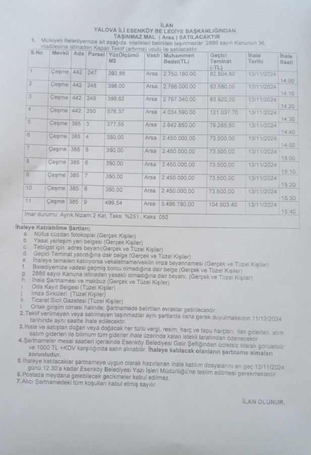 İLAN (ARSA SATIŞI) 2.İHALE 11 ARALIK 2024 TARİHİNDE YAPILACAKTIR